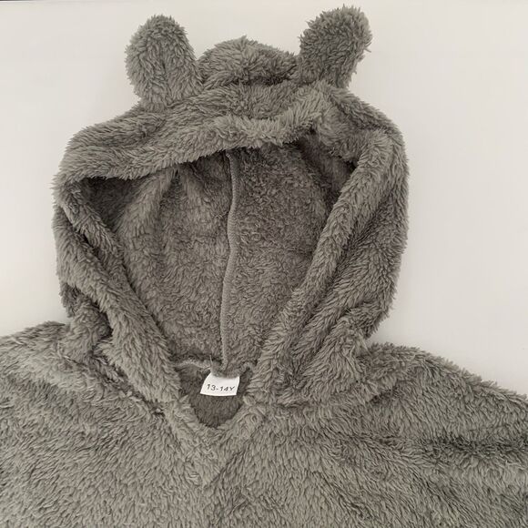 Fuzzy Pant Set Bear Ear Crop Hoodie Fleece Sweatsuit Outfit Kids 13-14 Gray Warm - Picture 2 of 8